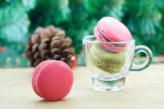 Sweet and colorful macaroons cookies on wooden background with blank space,selective focus, Dessert.