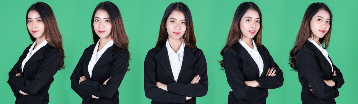 Set of confident Asian business woman on green isolated background.