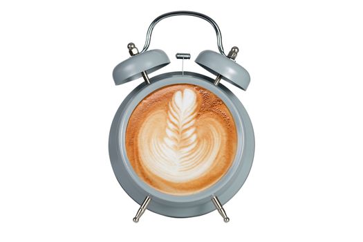 Hot coffee with frothy foam in blue alarmclock design is Coffee Time Concept