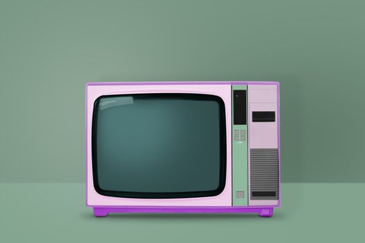 Retro pastel pink TV on green background.  vintage and minimalism style.