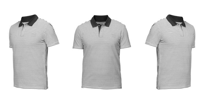 White polo shirt with stripes. t-shirt front view three positions on a white background