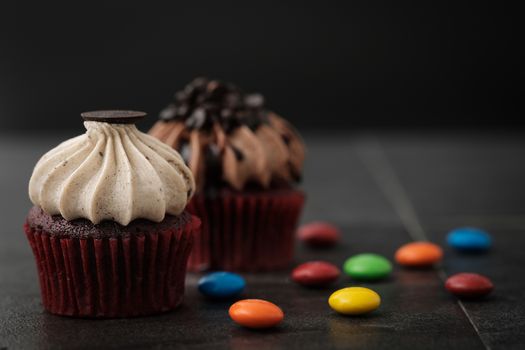 Chocolate cupcake with colorful candy in Dark lighting, AF point selection.