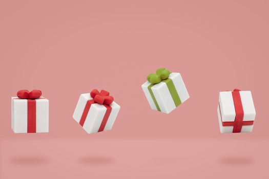 Christmas gift boxes is flying on pink backdrop, Minimal composition.