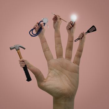 Contemporary art of Hands with a hammer, spoon, pen, lamp and stethoscope  on pink bacground, Idea concept for career.