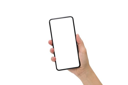 Hand holding black mobile phone with blank screen isolated on white background.