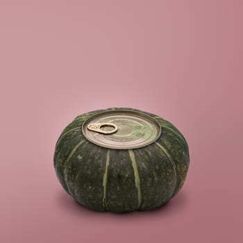 Contemporary art-A green pumpkin with can lid on pink background, minimal style. Idea concept of halloween.