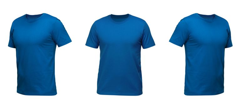 Blue sleeveless T-shirt. t-shirt front view three positions on a white background