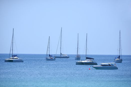 Beautiful bay with sailing boats yacht, Phang Nga National Park, Thailand. Yachting, travel and active lifestyle concept