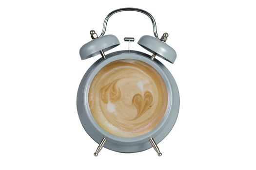 Hot coffee with frothy foam in blue alarmclock design is Coffee Time Concept