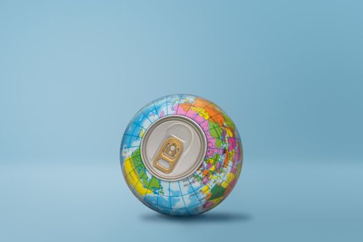 Globe with can lid on blue background, minimal style, beverage and drink concept.