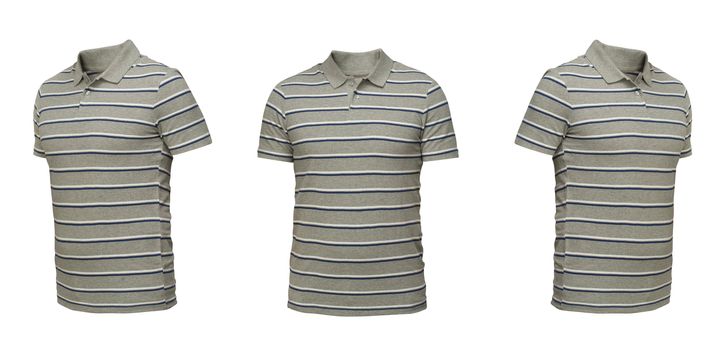 Gray polo shirt with stripes. t-shirt front view three positions on a white background