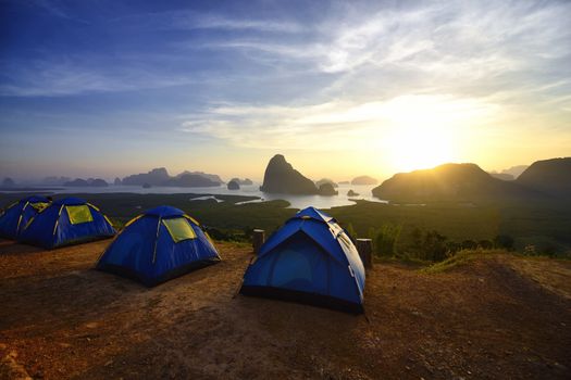 Beautiful new unseen view point of Samed Nang Chee Bay, , twilight sky in the morning, Ao Phang Nga National Park, Thailand, traveling and camping concept.