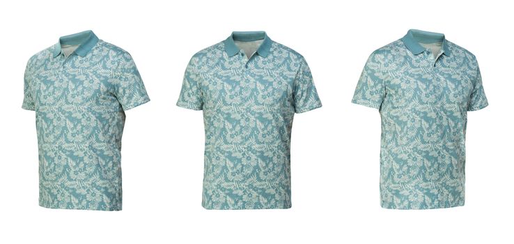 polo shirt with flowers pattern. t-shirt front view three positions on a white background