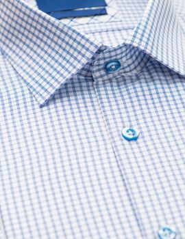 blue shirt with checkered pattern and with a focus on the collar and button, close-up