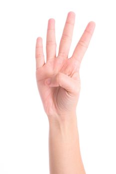 woman's hand is counting number 4 or Four isolated on white  background. The concept of hand symbols in counting numbers in order to communicate using gestures.