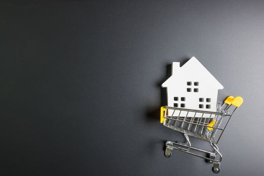 Shopping cart and wooden hose model.Online shopping concept.Real estate concept, New house concept.Buying a house.