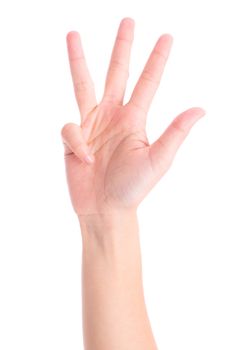 woman's hand is counting number 9 or Nine isolated on white  background. The concept of hand symbols in counting numbers in order to communicate using gestures.