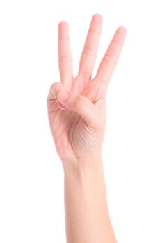 woman's hand is counting number 3 or Three isolated on white  background. The concept of hand symbols in counting numbers in order to communicate using gestures.