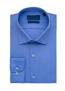 blue folded shirt on white background, top view