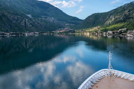 Approaching town of Kotor and the coastline of Gulf of Kotor in Montenegro