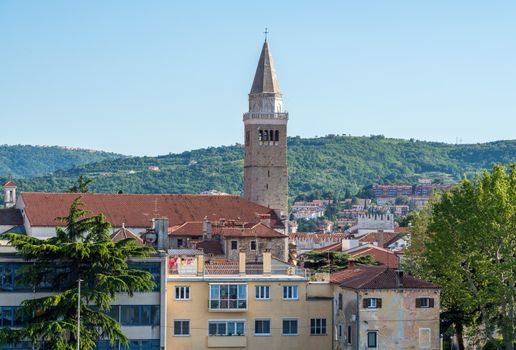Church tower and city skyline of town of Koper in Slovenia