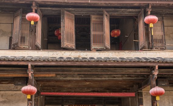 Traditional chinese lanterns decorate Tulou at Unesco heritage site near Xiamen