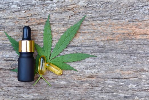 Medical Marijuana, Bottle and Capsule of CBD hemp oil and cannabis leaves on wooden background. Medical concept Researching hemp leaves and hemp oil Using oil as a treatment herb. Selected focus