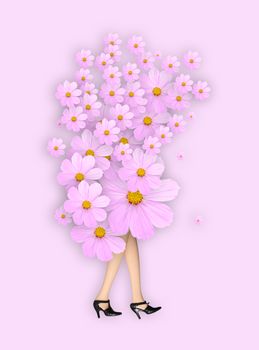 legs of girl doll with pink cosmos flowers, idea and concept picture.