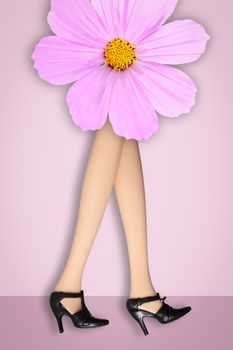 legs of girl doll with pink cosmos flowers, idea and concept picture.