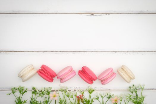 macarons on white table background, Beautiful dessert, Flat lay style with copy space to write.