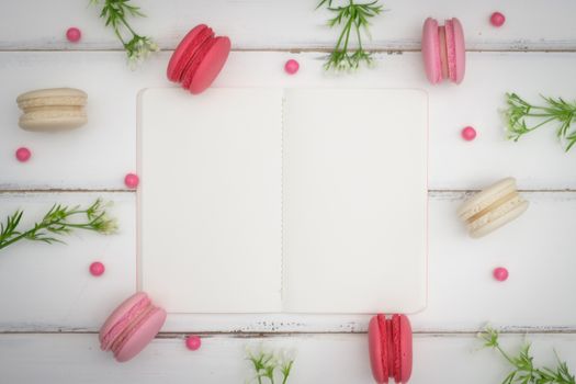 macarons on white table background, Beautiful dessert, Flat lay style with copy space to write.