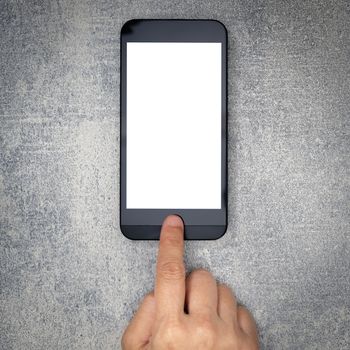 Forefinger is touching the mobile phone screen.