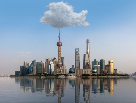 Cloud computing and internet data concept using panoramic view of Shanghai skyline