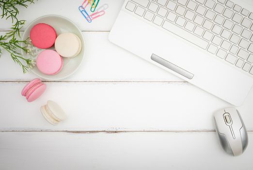 macarons on white table background, Beautiful dessert, Flat lay style with copy space to write.