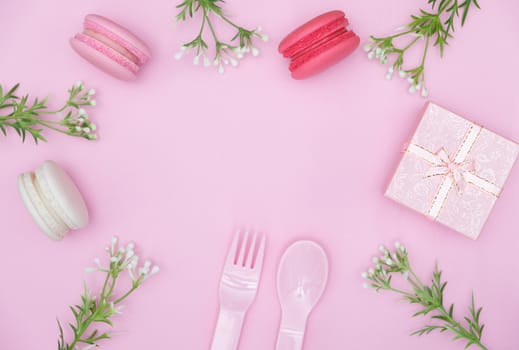 macarons on pink background, Beautiful dessert, Flat lay style with copy space to write.