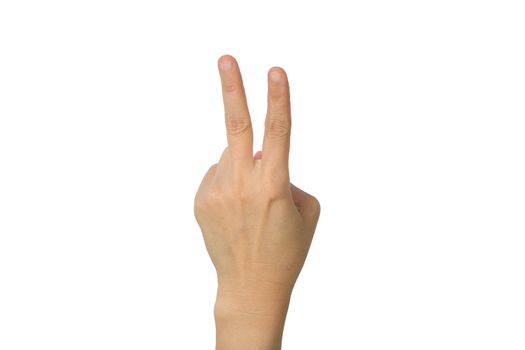 hand showing two fingers on a white background isolation.