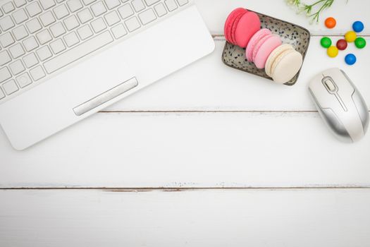 macarons on white table background, Beautiful dessert, Flat lay style with copy space to write.