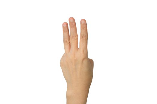 hand is showing three fingers isolated on white background with clipping path