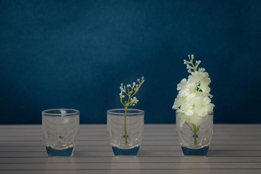 Still life with flower in the glass vase on rustic blue background, Choose a focal point.