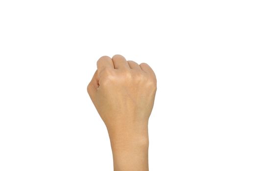 Hand raised up clenched fist isolated on white background.