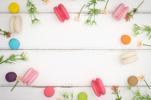 macarons on white table background, Beautiful dessert, Flat lay style with copy space to write.