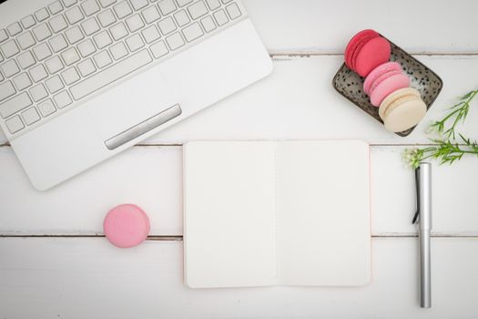 macarons on white table background, Beautiful dessert, Flat lay style with copy space to write.