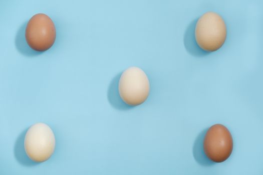 Top view - Five Eggs isolated on blue background, Egg is beneficial to the body, Food concept.