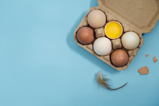 Top view-Eggs and yolk in carton box arranged on a blue scene, Egg is beneficial to the body, Food concept.