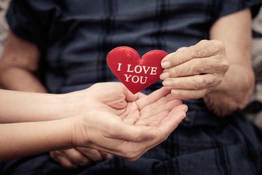 Wrinkled old hands holding little heart shape, AF point selection, vintage and classic chrome tone.