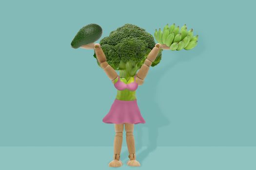 Vegetable Broccoli wear a pink skirt and raise bananas and avocados up and in underwear, there are apple and pear. on isolated blue background.