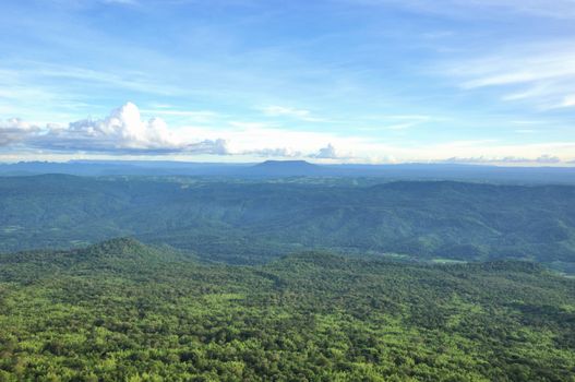 The wide picture of the blue sky and white clouds, the beautiful boundless green mountain grassland. Great summer of the Green morning scene of Beauty of nature concept background.