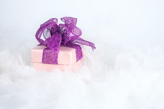 Gift box on white feather, Open space for write, AF point and blur selection.