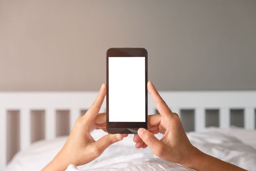 Woman's hands using  smartphone with blank screen in the morning.