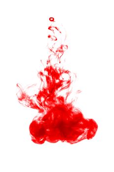 Red ink in water isolated on white background. Colors dropped into liquid and photographed while in motion. resemble Cloud of silky ink in water an abstract banner.